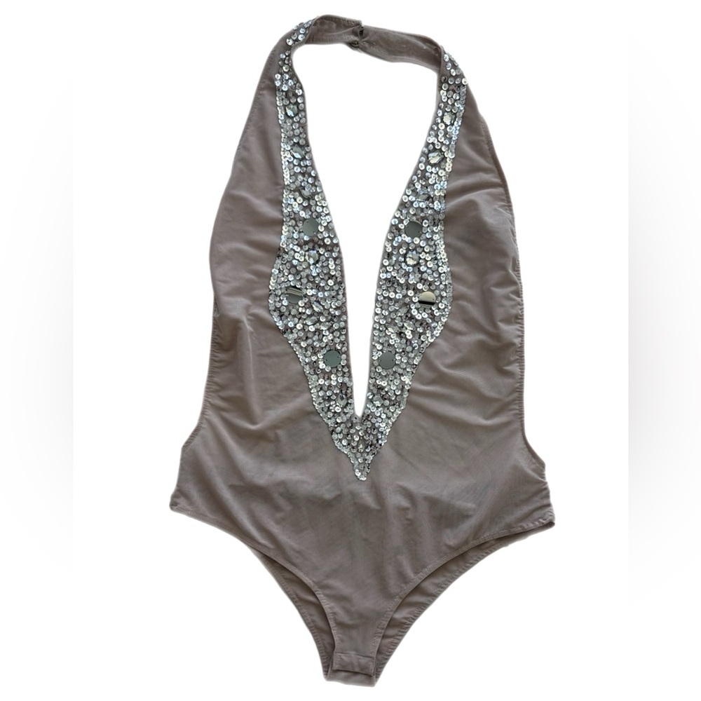 Sequin Embellished Halter Bodysuit Nude (festival season)